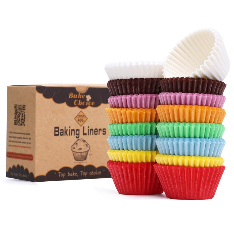 Bake Choice بيك تشويس 400 قطعة من بطانات الكب كيك الصغيرة بألوان قوس قزح للخبز، وبطانات الكعك الصغيرة من أجل مقالي الكب كيك الصغيرة، وبطانات كب كيك عيد الميلاد الملائمة للطعام لتزيين عيد الميلاد - Image 1